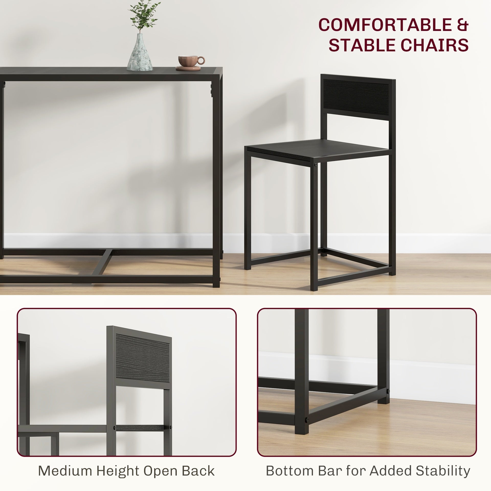 HOMCOM 3-Piece Industrial Dining Table Set for 2, Kitchen Table and Chairs, Dining Room Sets for Small Spaces, Black