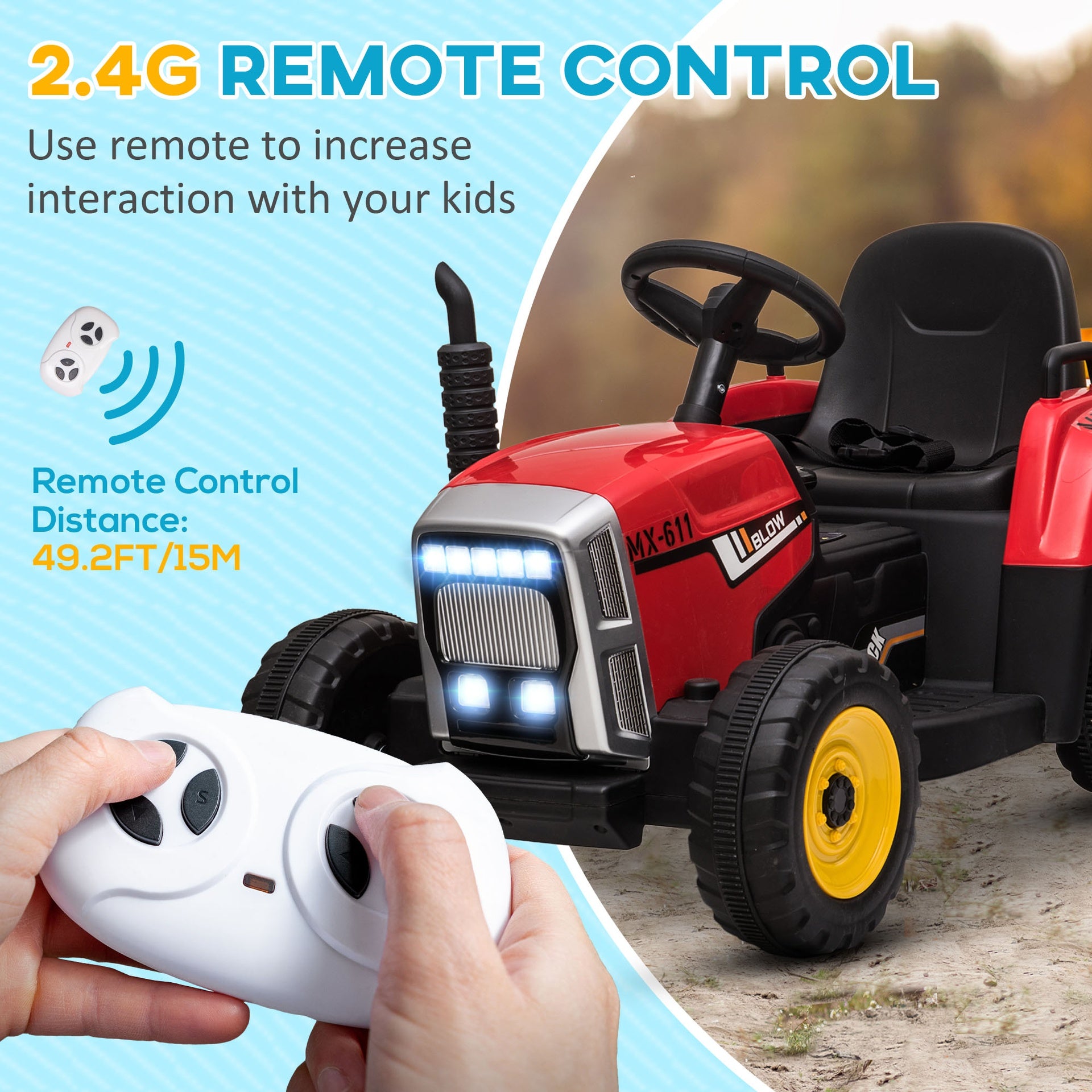 Aosom 12V Ride on Tractor with Trailer, 25W Dual Motors, Battery Powered Electric Tractor with Remote Control, Music Startup Sound and Horn, LED Lights, Red