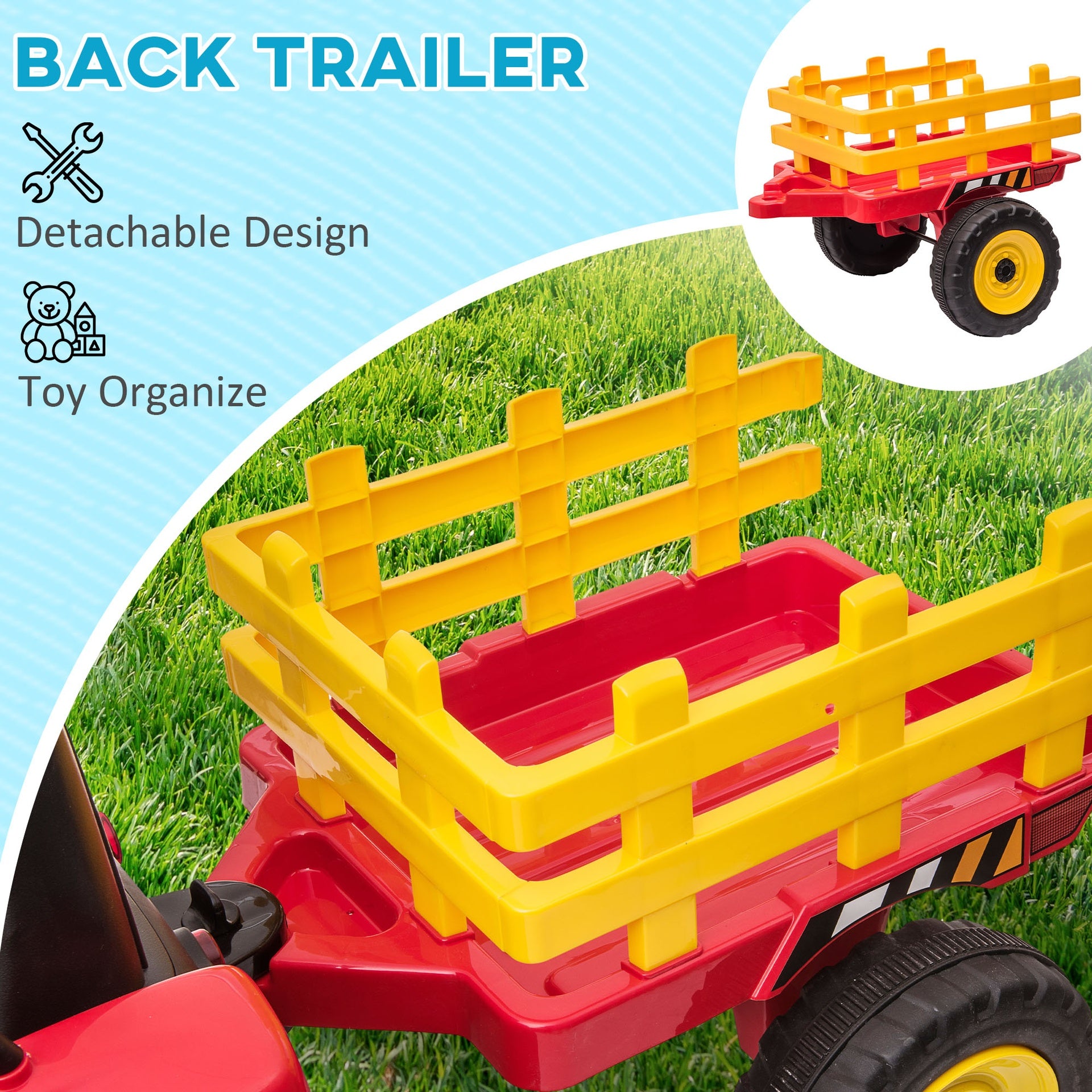Aosom 12V Ride on Tractor with Trailer, 25W Dual Motors, Battery Powered Electric Tractor with Remote Control, Music Startup Sound and Horn, LED Lights, Red