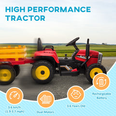 Aosom 12V Ride on Tractor with Trailer, 25W Dual Motors, Battery Powered Electric Tractor with Remote Control, Music Startup Sound and Horn, LED Lights, Red