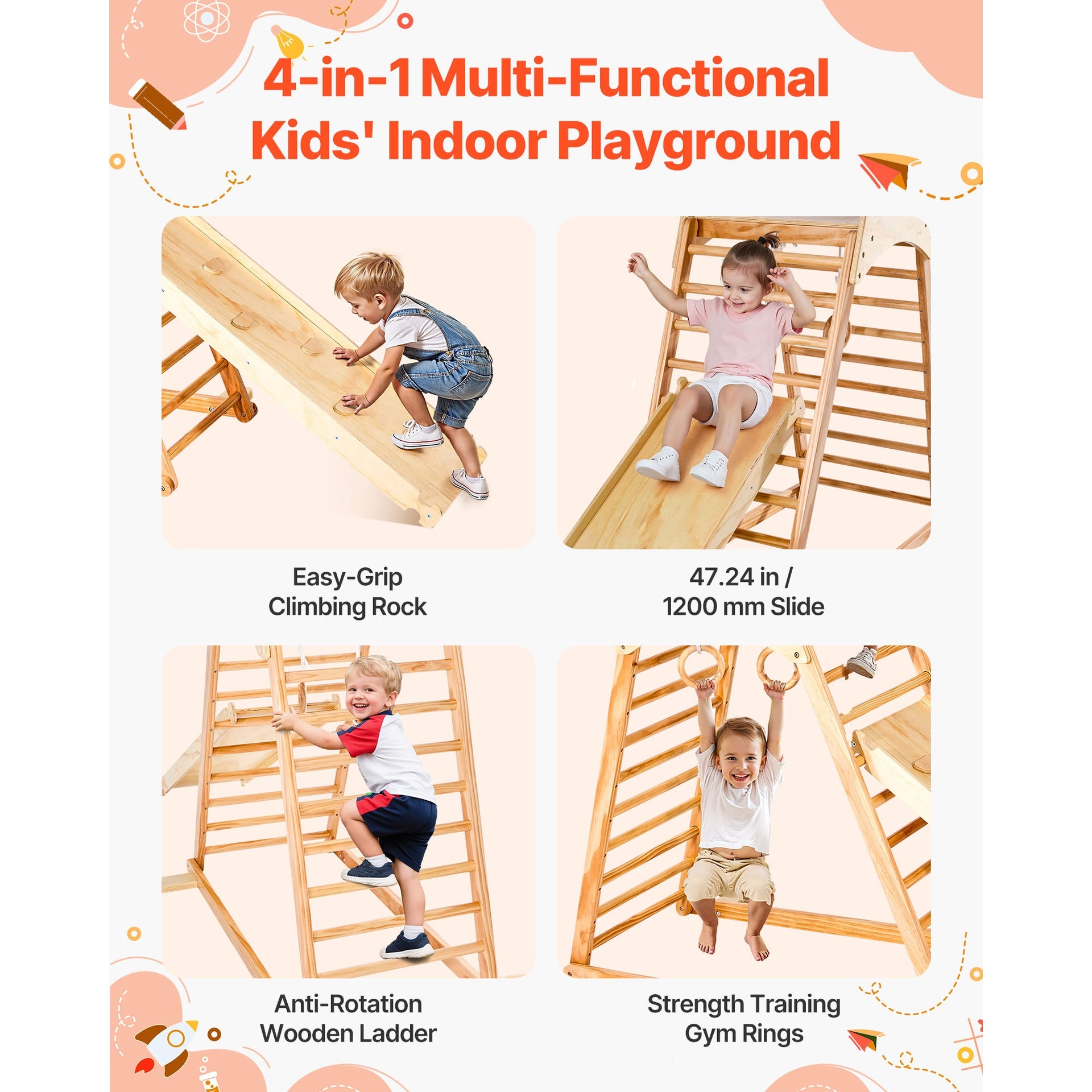 Indoor Playground Jungle Gym 4-in-1 Toddlers Climber Playset for Kids
