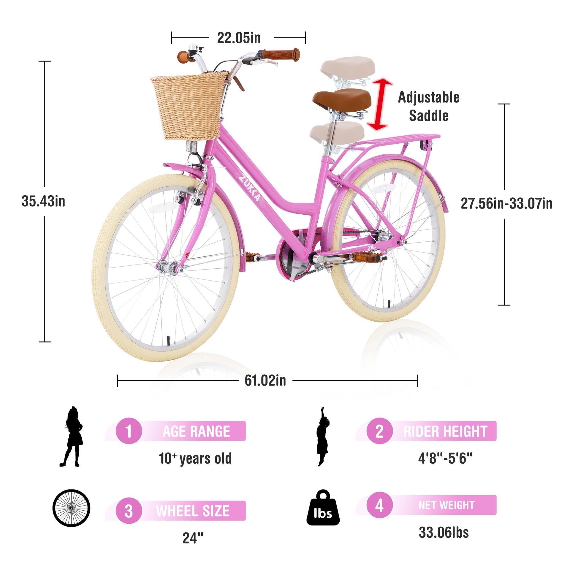 Steel Frame,Multiple Colors, for 10+Years Old Girls Bike,24 inch  wheel