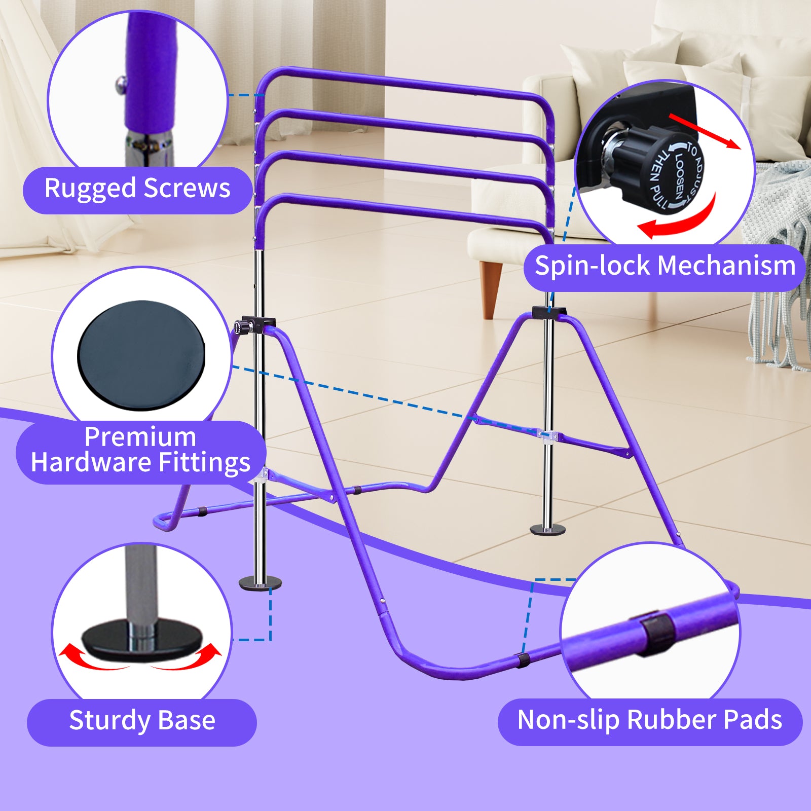 Expandable Gymnastics Bar for Kids - Height Adjustable Junior Training Bar for Home, Folding Gymnastic Horizontal Bars Equipment Purple