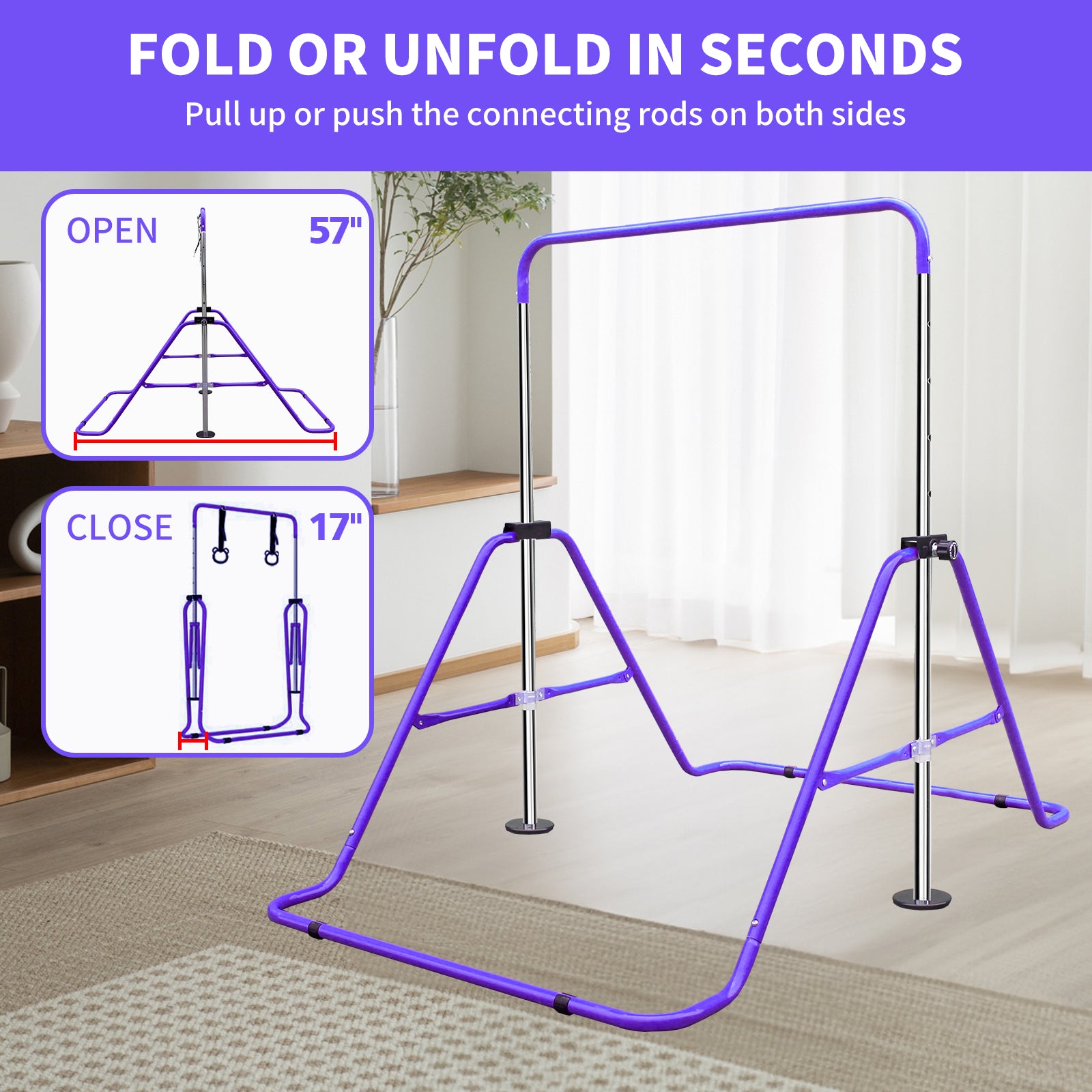 Expandable Gymnastics Bar for Kids - Height Adjustable Junior Training Bar for Home, Folding Gymnastic Horizontal Bars Equipment Purple