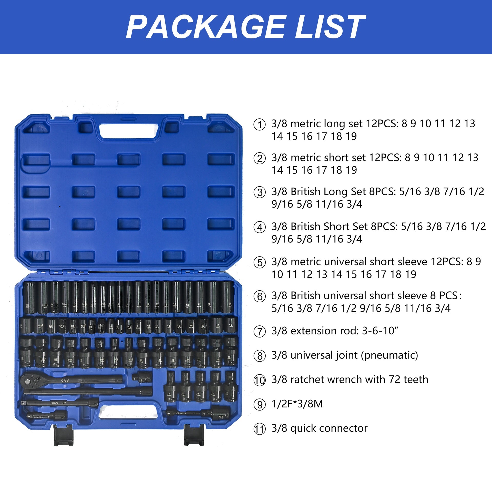 Air Tool and Accessories Kit, 67 Pieces, Long and Short Sets, Universal Short Sets, Extension Rods, Pneumatic Universal Connectors, Ratchet Wrenches, Quick Couplings-Black,Blue