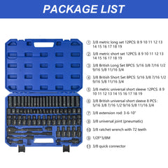 Air Tool and Accessories Kit, 67 Pieces, Long and Short Sets, Universal Short Sets, Extension Rods, Pneumatic Universal Connectors, Ratchet Wrenches, Quick Couplings-Black,Blue