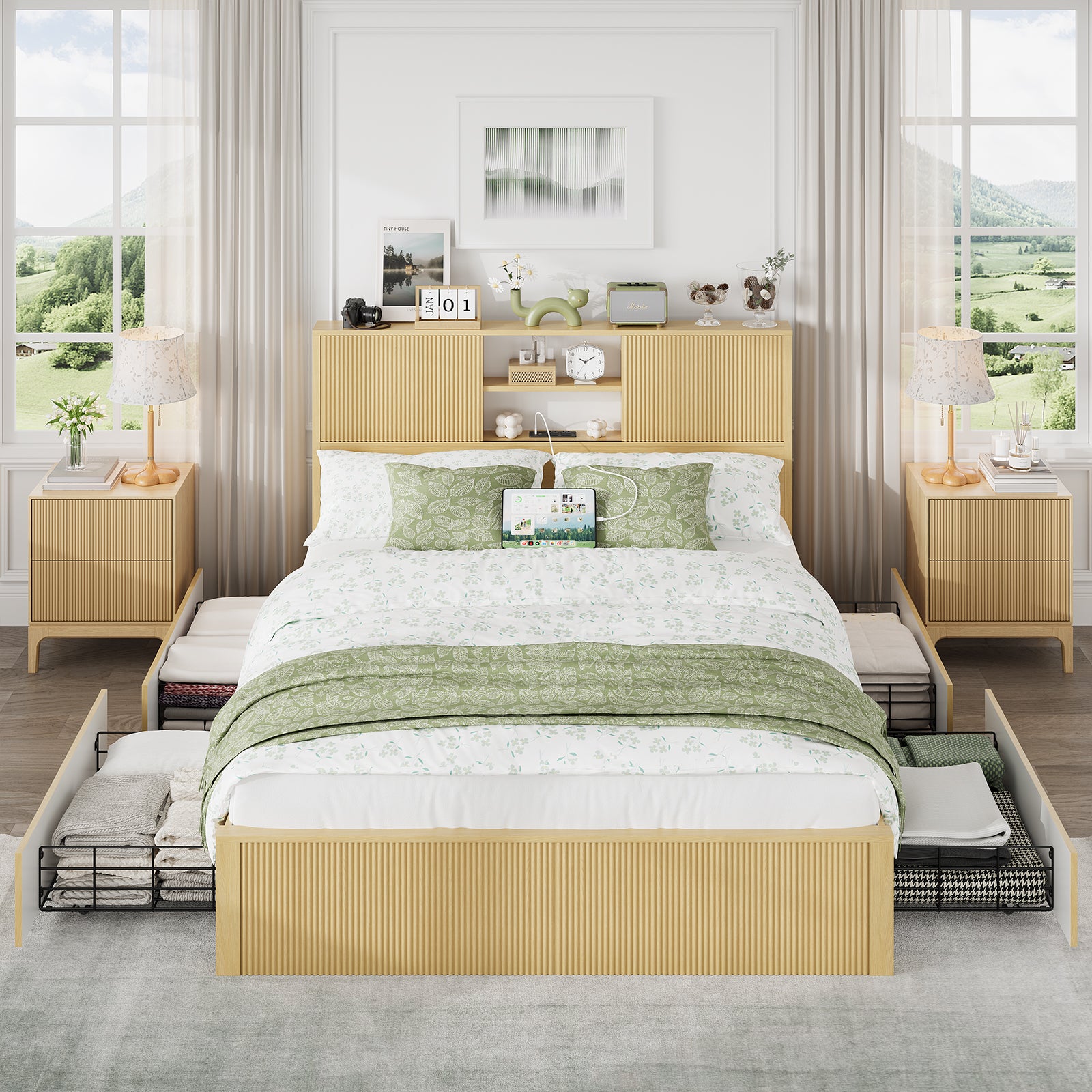 Queen Size Bed Frames with 4 Storage Drawers & 2-Tier Storage Headboards & Built-in USB Ports & Power Outlets, Metal Bed Frames Nox Box Spring Needed, Oak