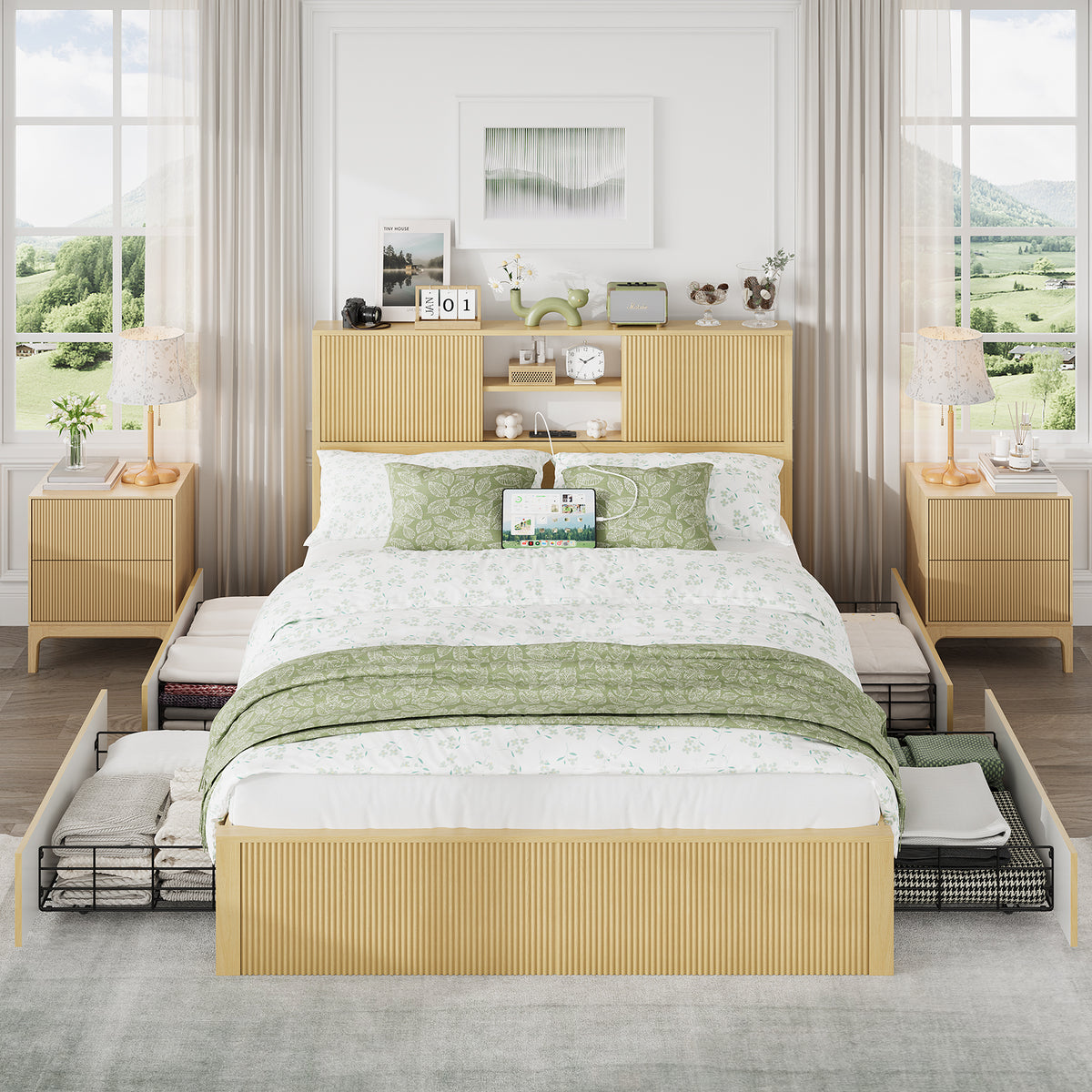 Queen Size Bed Frames with 4 Storage Drawers & 2-Tier Storage Headboards & Built-in USB Ports & Power Outlets, Metal Bed Frames Nox Box Spring Needed, Oak