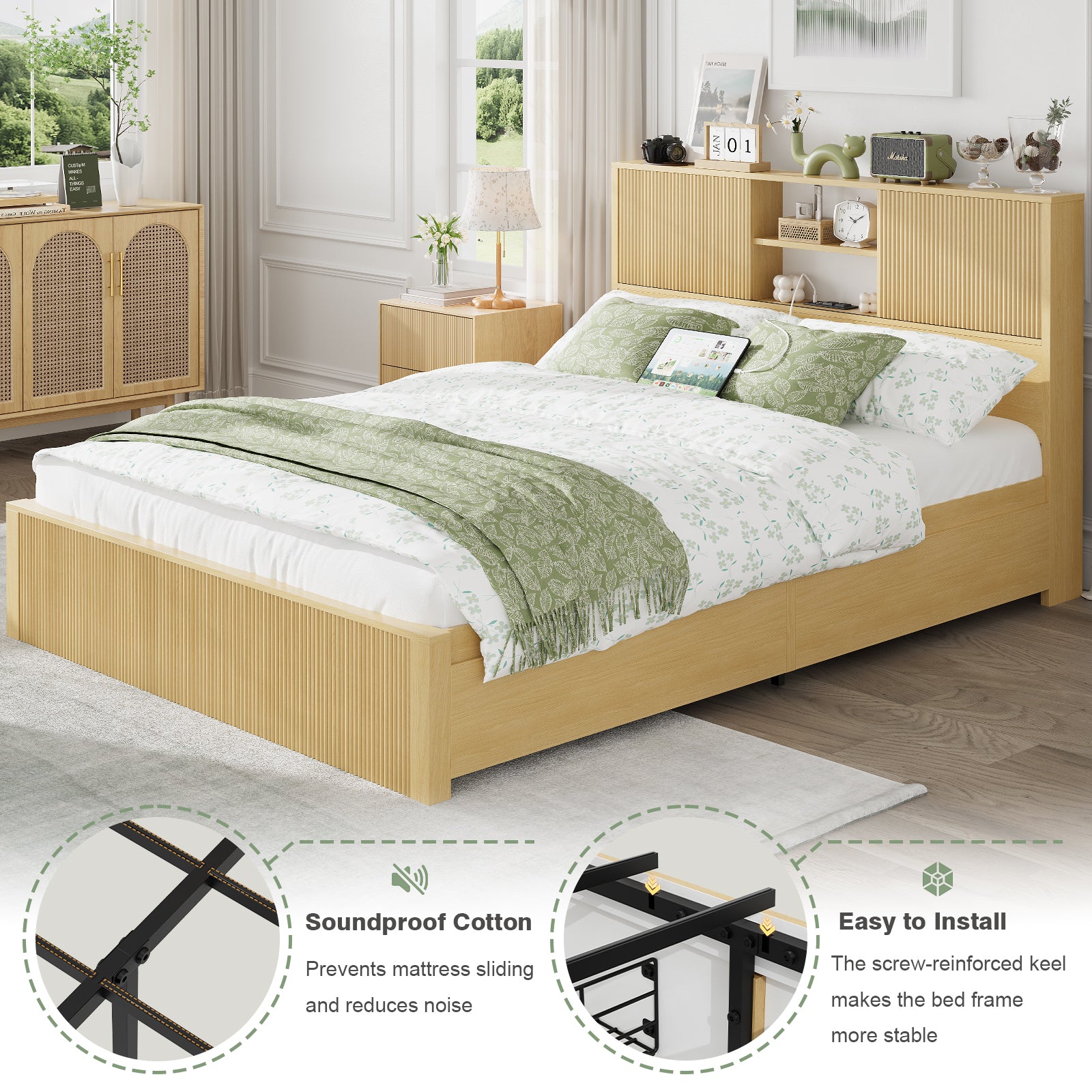 Queen Size Bed Frames with 4 Storage Drawers & 2-Tier Storage Headboards & Built-in USB Ports & Power Outlets, Metal Bed Frames Nox Box Spring Needed, Oak