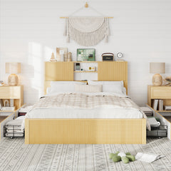 Queen Size Bed Frames with 4 Storage Drawers & 2-Tier Storage Headboards & Built-in USB Ports & Power Outlets, Metal Bed Frames Nox Box Spring Needed, Oak