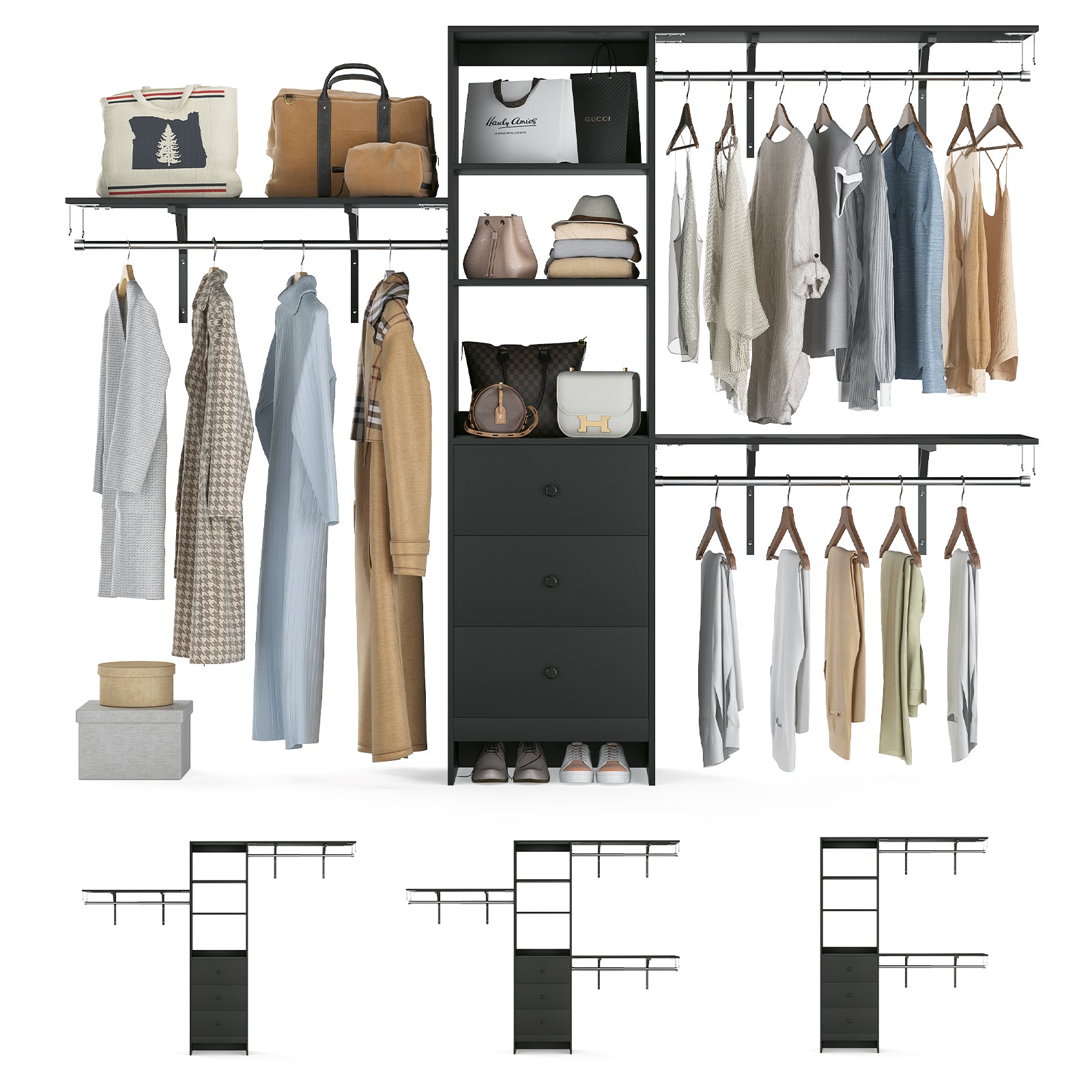 Closet Organizer - High Capacity Wardrobe Rack with 3 Drawers, Shelves & Expandable Hanger Rods, Fits 6-9 ft Spaces, Durable & Stylish - 96" L x 16" W x 75" H, Supports Up to 1000 LBS