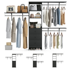 Closet Organizer - High Capacity Wardrobe Rack with 3 Drawers, Shelves & Expandable Hanger Rods, Fits 6-9 ft Spaces, Durable & Stylish - 96" L x 16" W x 75" H, Supports Up to 1000 LBS