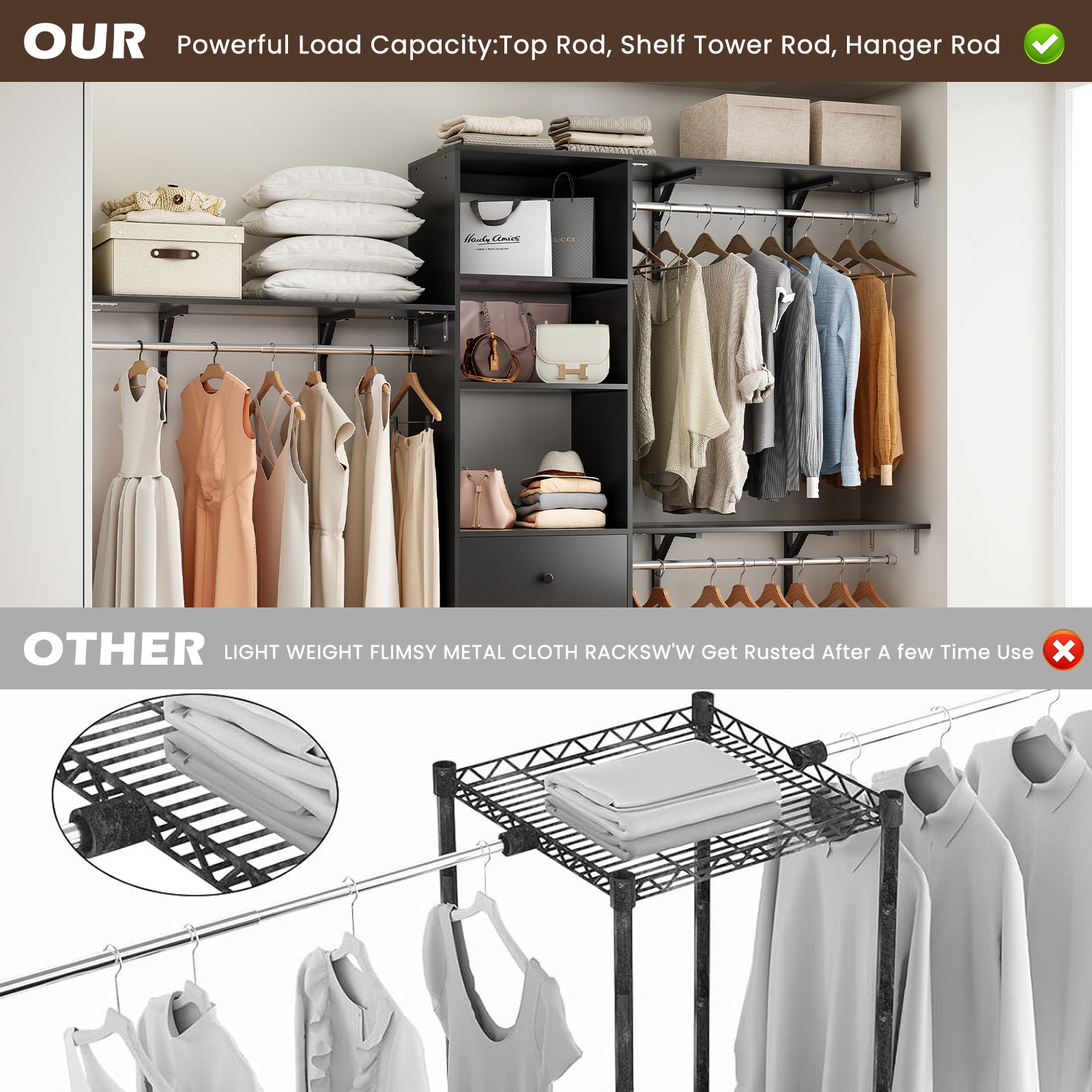Closet Organizer - High Capacity Wardrobe Rack with 3 Drawers, Shelves & Expandable Hanger Rods, Fits 6-9 ft Spaces, Durable & Stylish - 96" L x 16" W x 75" H, Supports Up to 1000 LBS