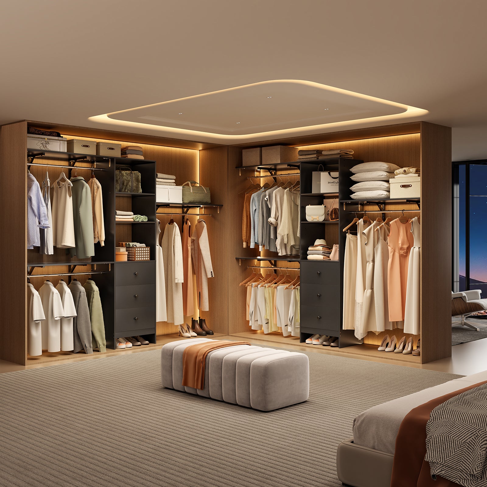 Closet Organizer - High Capacity Wardrobe Rack with 3 Drawers, Shelves & Expandable Hanger Rods, Fits 6-9 ft Spaces, Durable & Stylish - 96" L x 16" W x 75" H, Supports Up to 1000 LBS