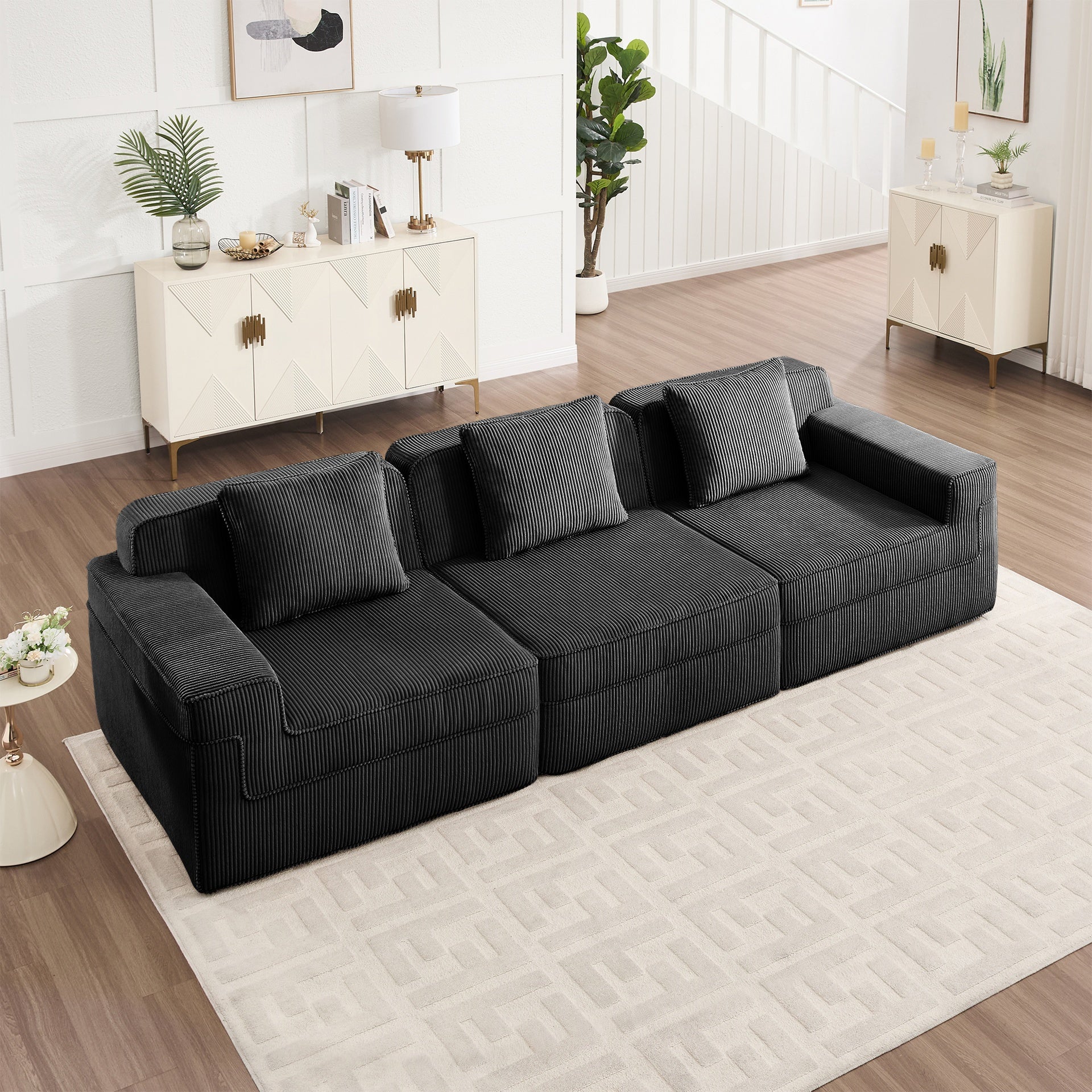 Modular 3 Seat Boneless Sofa, Cloud Sectional Couch with Deep Seat, Modern Modular 3-Seat Sofa Couch with Throw Pillows Corduroy Fabric Black