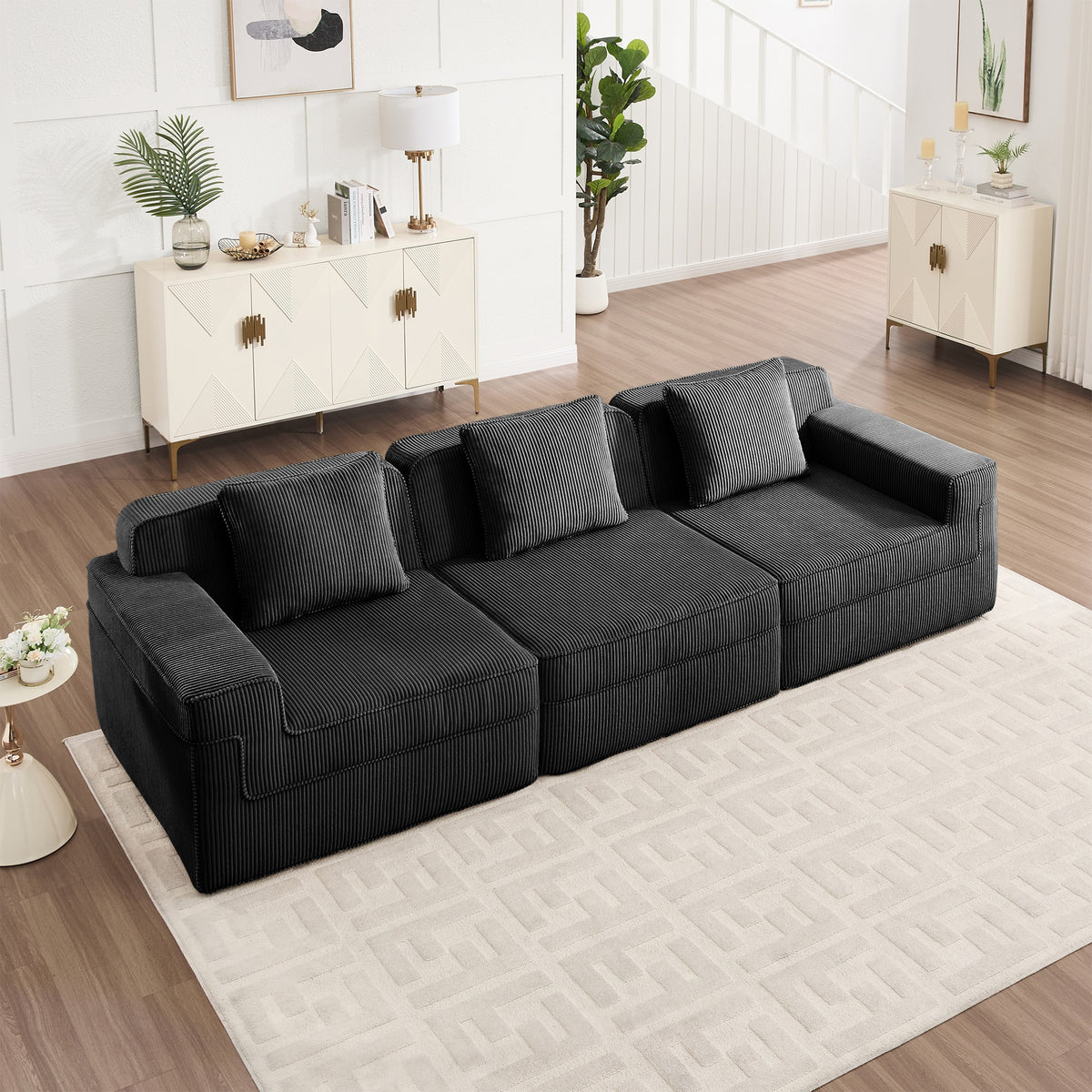 Modular 3 Seat Boneless Sofa, Cloud Sectional Couch with Deep Seat, Modern Modular 3-Seat Sofa Couch with Throw Pillows Corduroy Fabric Black