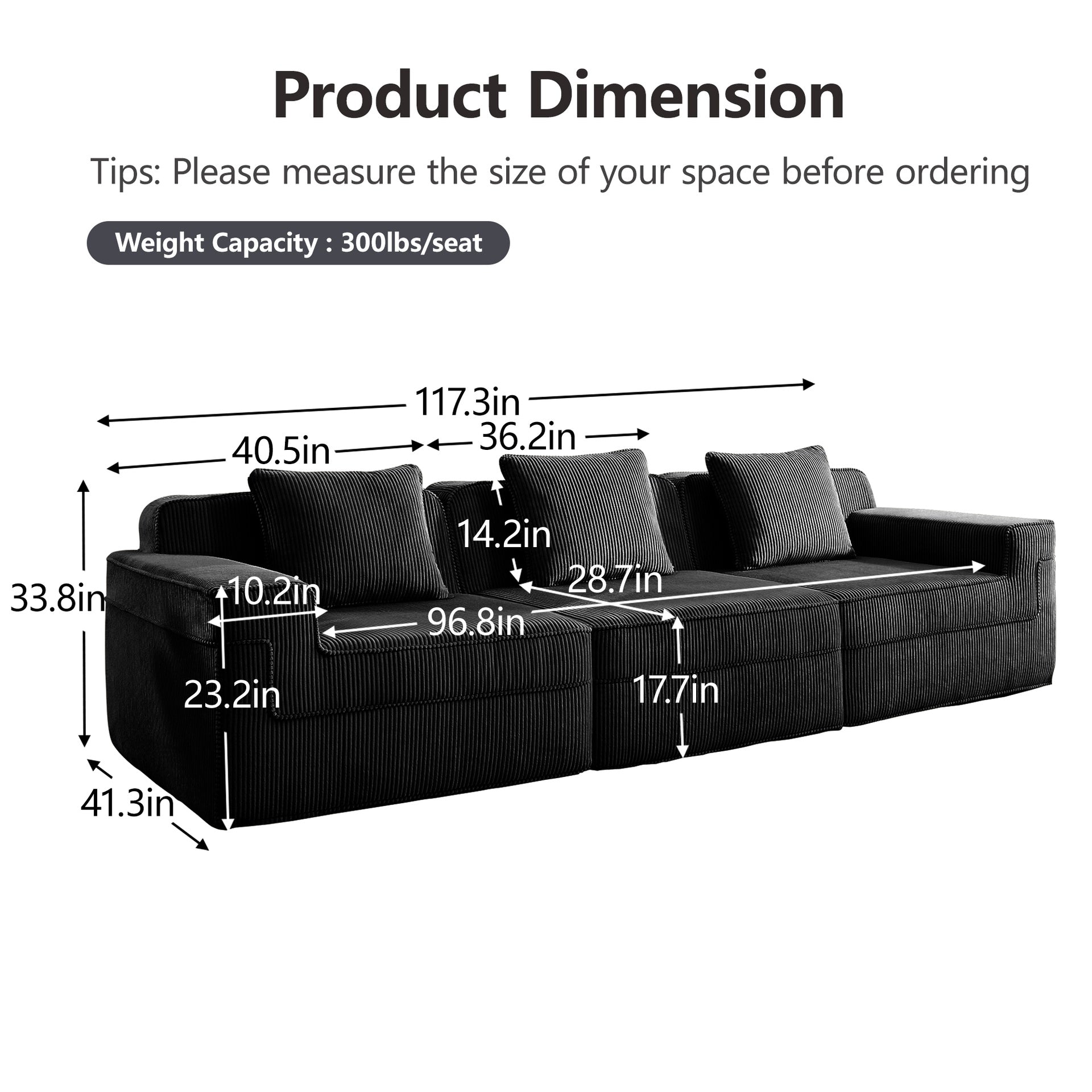Modular 3 Seat Boneless Sofa, Cloud Sectional Couch with Deep Seat, Modern Modular 3-Seat Sofa Couch with Throw Pillows Corduroy Fabric Black