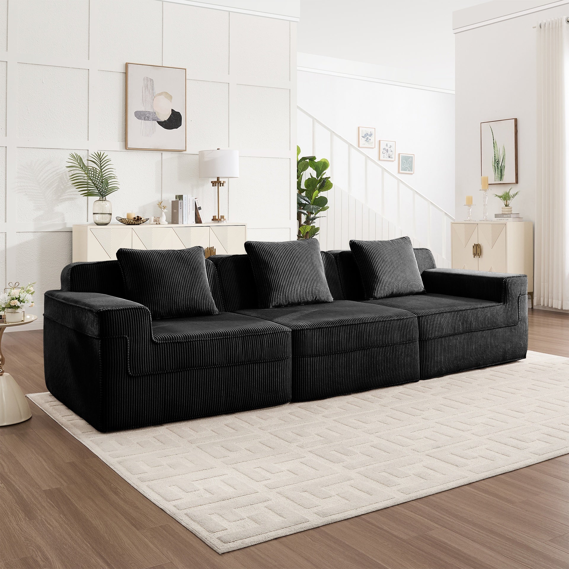 Modular 3 Seat Boneless Sofa, Cloud Sectional Couch with Deep Seat, Modern Modular 3-Seat Sofa Couch with Throw Pillows Corduroy Fabric Black