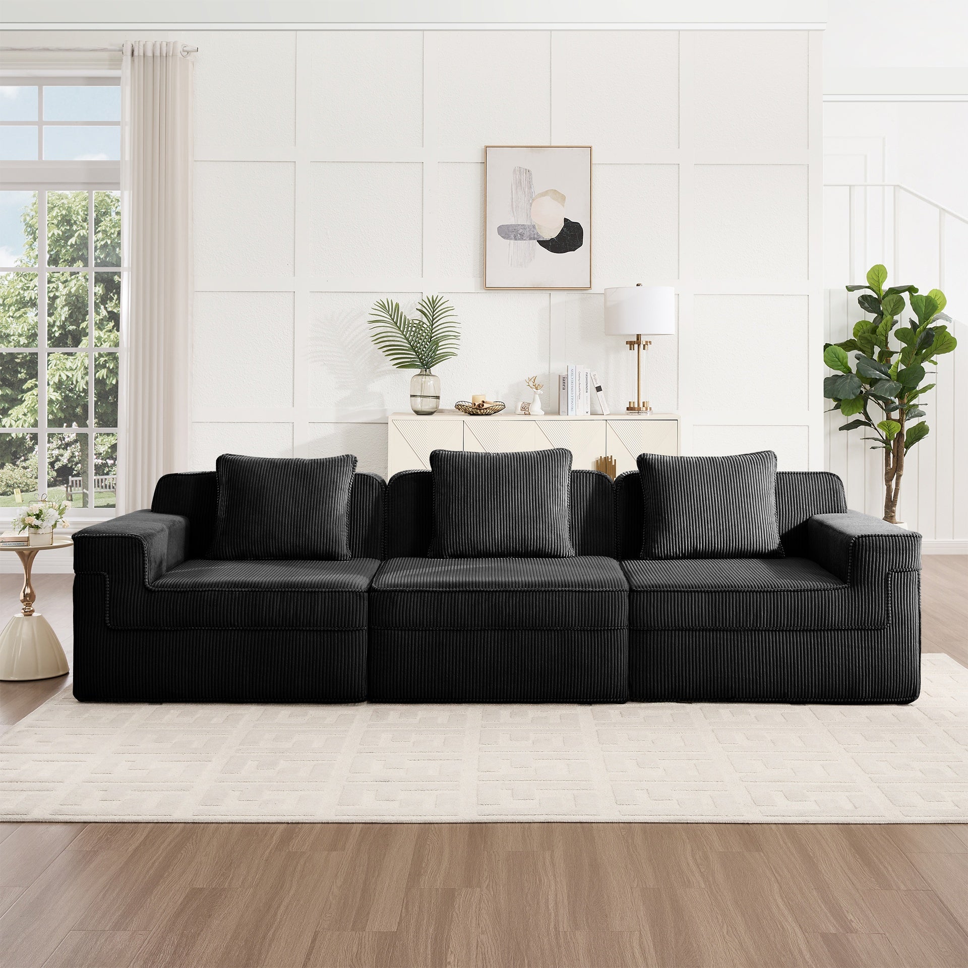 Modular 3 Seat Boneless Sofa, Cloud Sectional Couch with Deep Seat, Modern Modular 3-Seat Sofa Couch with Throw Pillows Corduroy Fabric Black