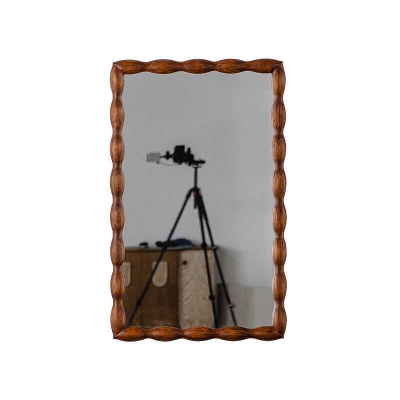 36.02" Mid-Century Modern Swirl Wood Frame Mirror - Solid Wood & MDF Wall-Mounted Full-Length Mirror, Brown Decorative Mirror for Bedroom/Living Room