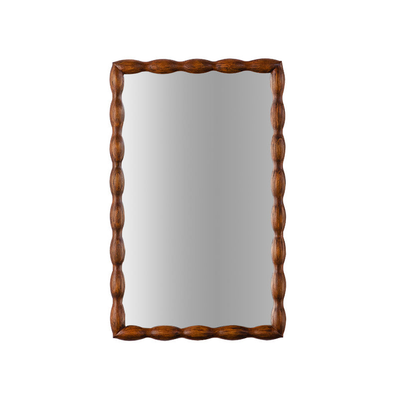 36.02" Mid-Century Modern Swirl Wood Frame Mirror - Solid Wood & MDF Wall-Mounted Full-Length Mirror, Brown Decorative Mirror for Bedroom/Living Room