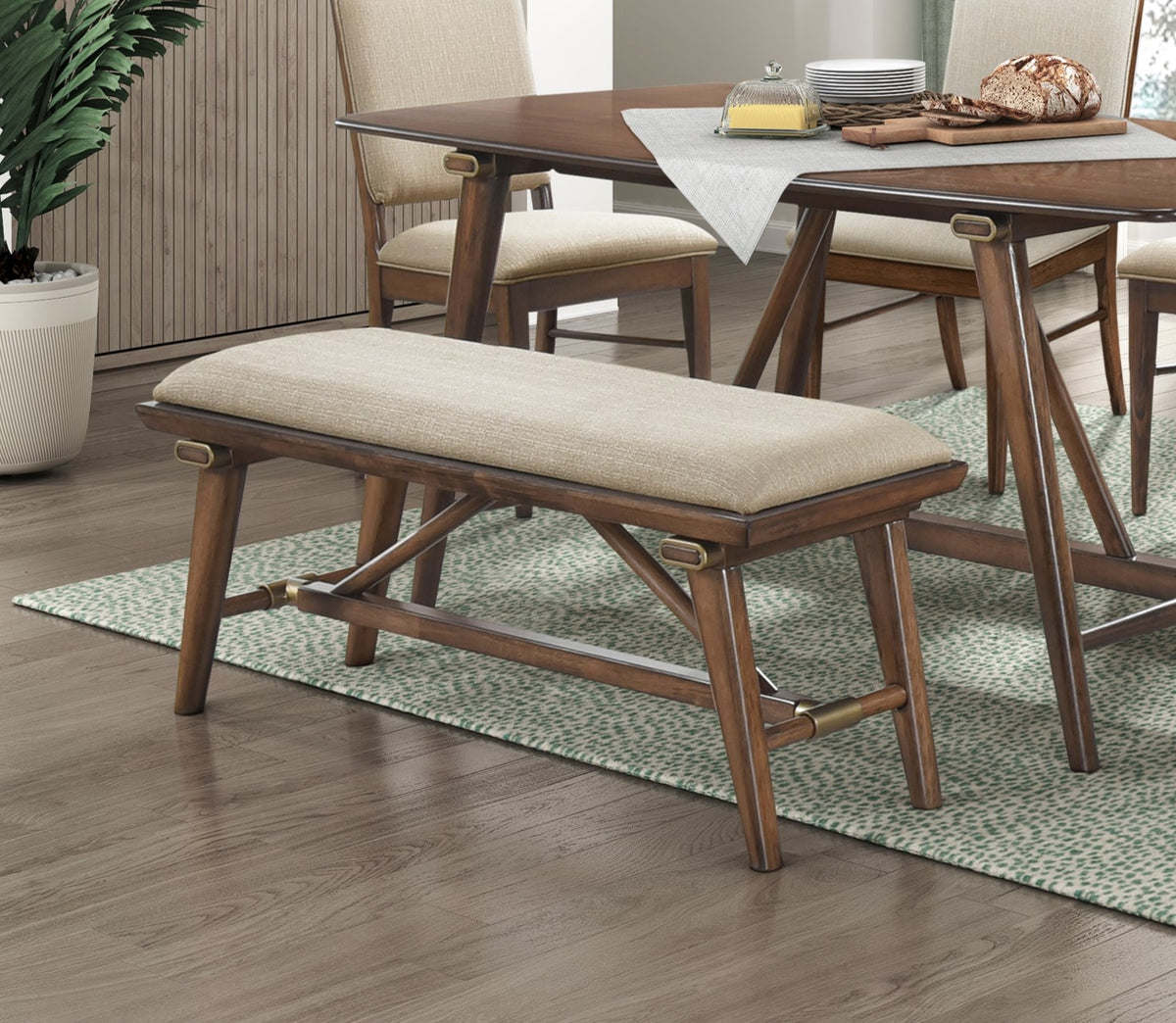 Modern Design 1pc Bench Fabric Upholstered Seat Brown Finish Wooden Dining Kitchen Furniture