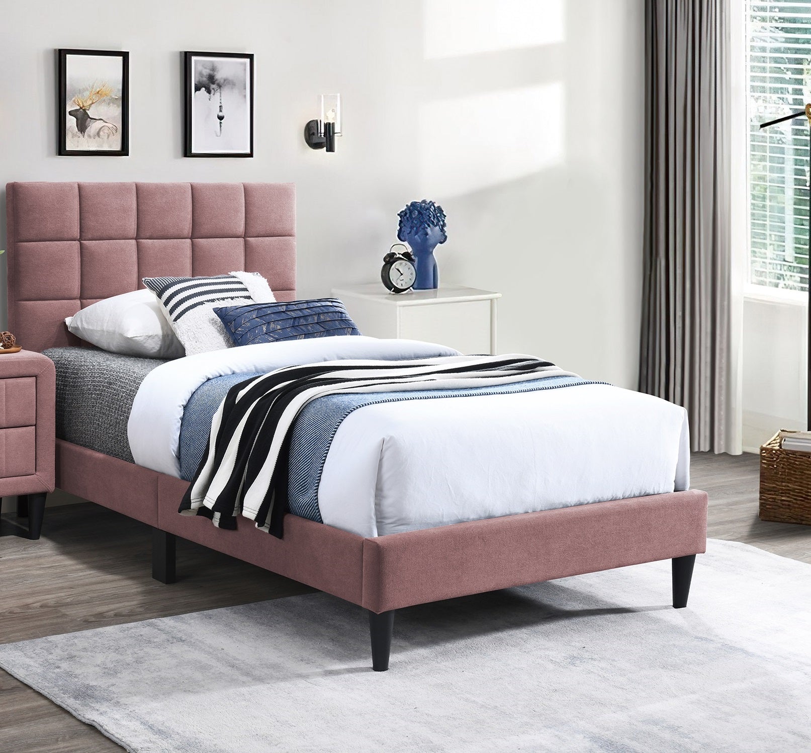 Pink Finish Luxurious Twin Size Bed 1pc Biscuit Tufted Adjustable Headboard Middle Legs Support Bedroom Furniture