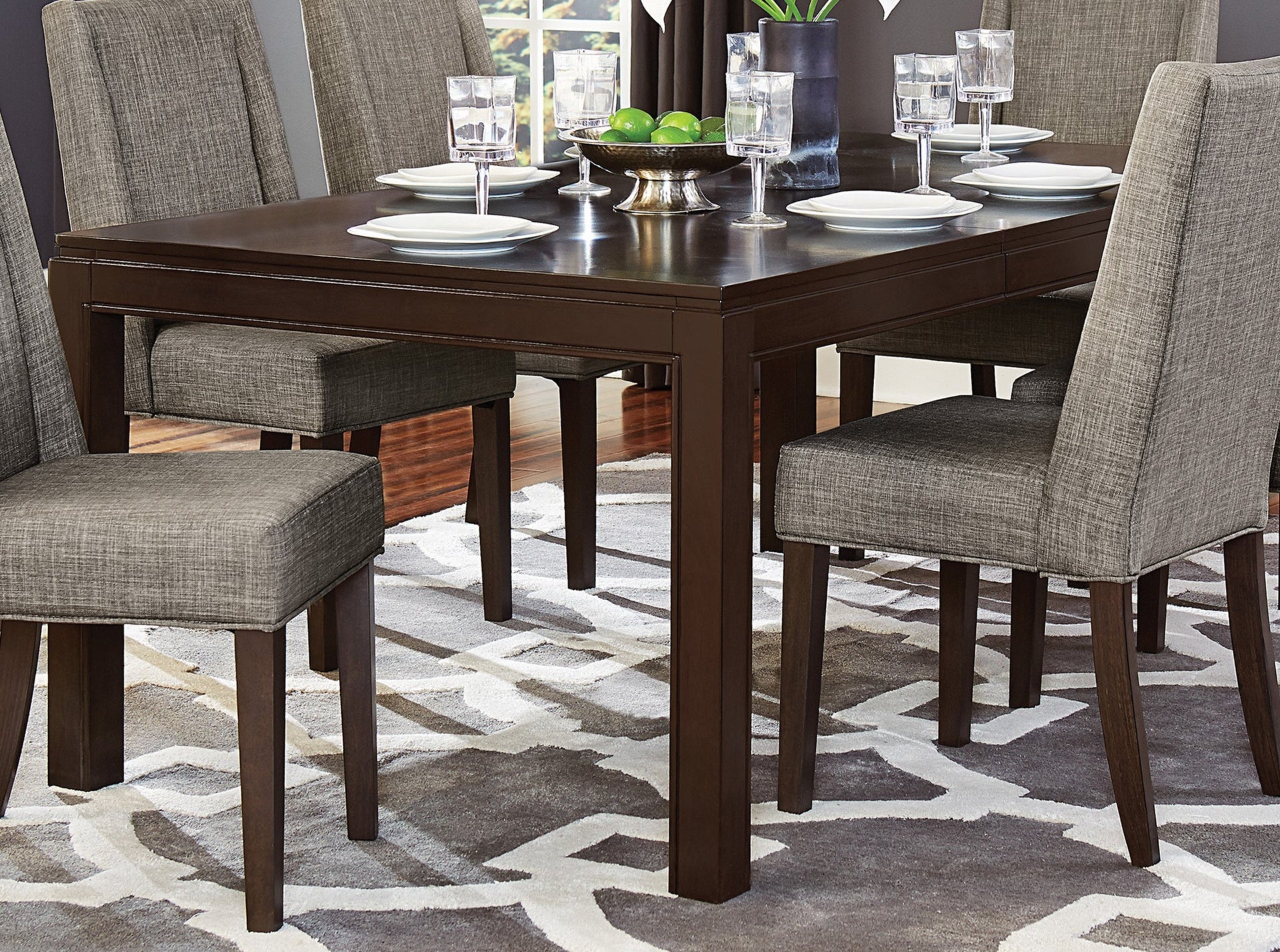 Contemporary Dark Brown 5pc Dining set Table with Extension Leaf and 4x Upholstered Side Chairs Modern Dining Room Furniture