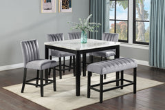 6-Piece Contemporary Counter Height Dining Set Square Faux Marble Table Tope Black Finish Upholstered Chairs Bench Channel Tufting Wooden Solid Wood Dining Room Kitchen Furniture
