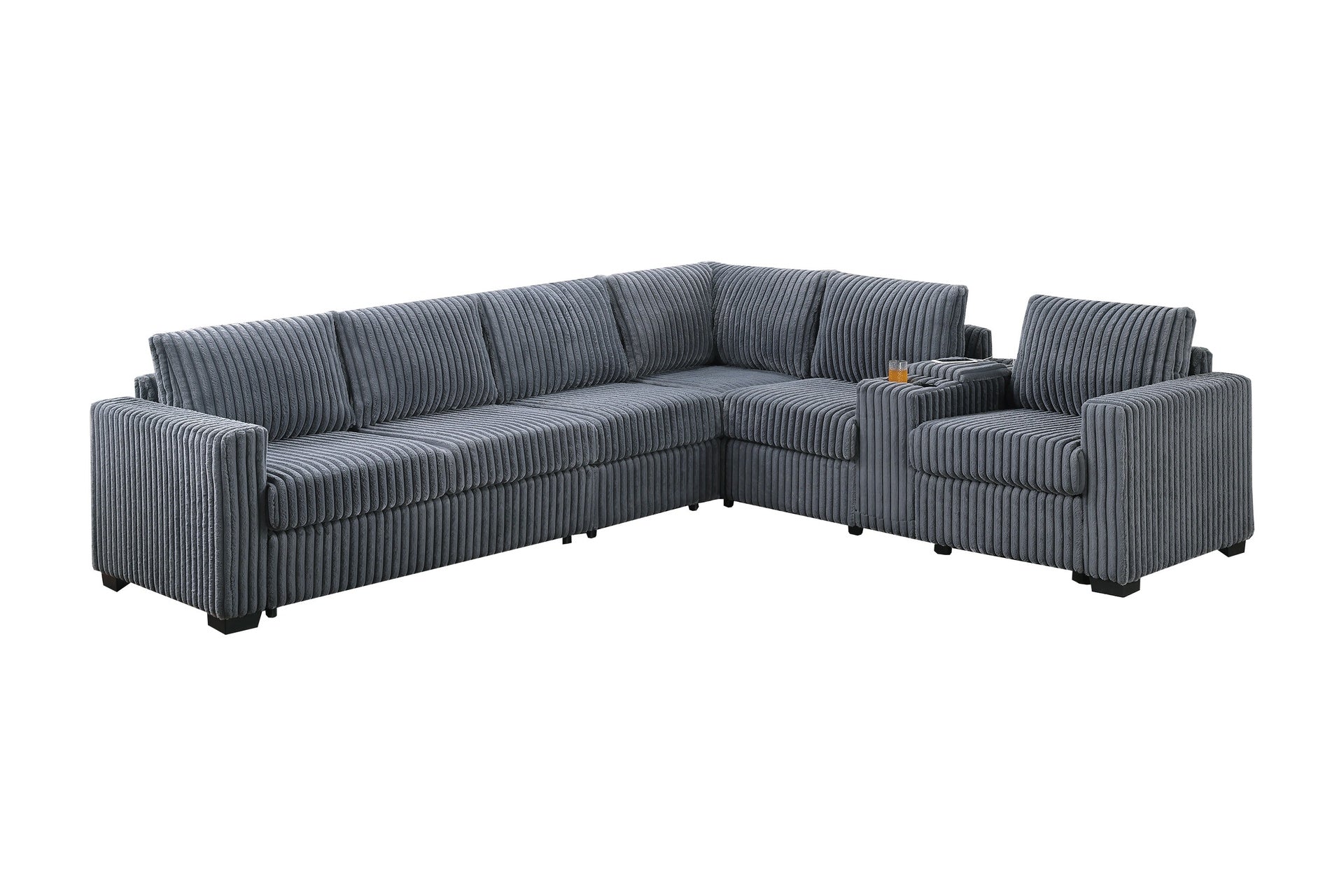 Modern Style L-Shape 4pc Sectional Set Dark Gray Finish Reversible Loveseat USB Ports Cup Holder Armless Chair Plastic Legs Corduroy Upholstered Primary Living Room