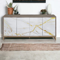 Paavan White Marble Paint Oak & Champagne Finish Console Cabinet