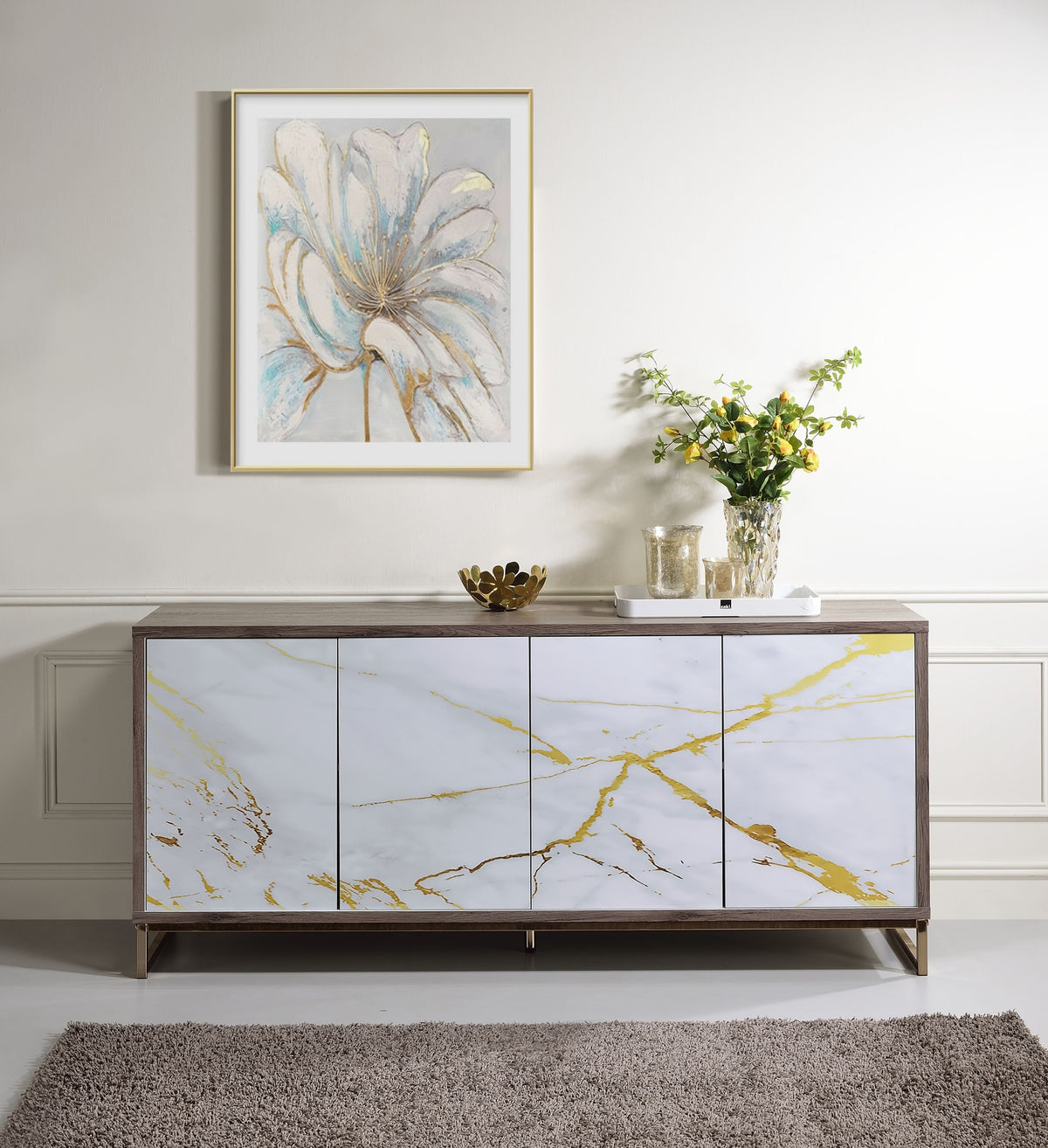 Paavan White Marble Paint Oak & Champagne Finish Console Cabinet