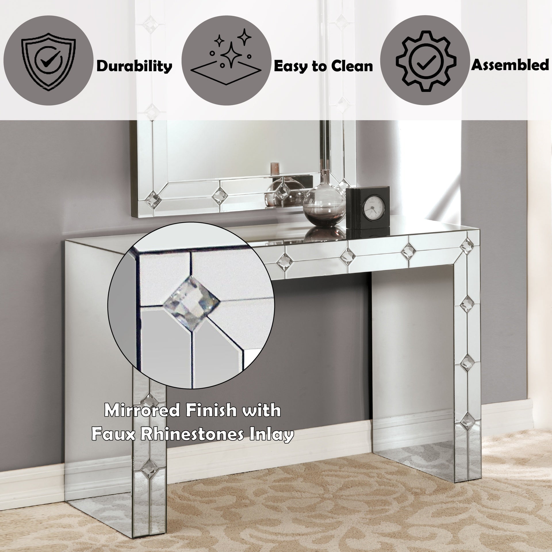 Hessa Mirrored & Faux Rhinestone Console Table (Assembled)
