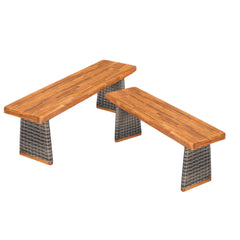 Outdoor Acacia Wood Bench(Set of 2),Teak Finish+ Grey Wicker