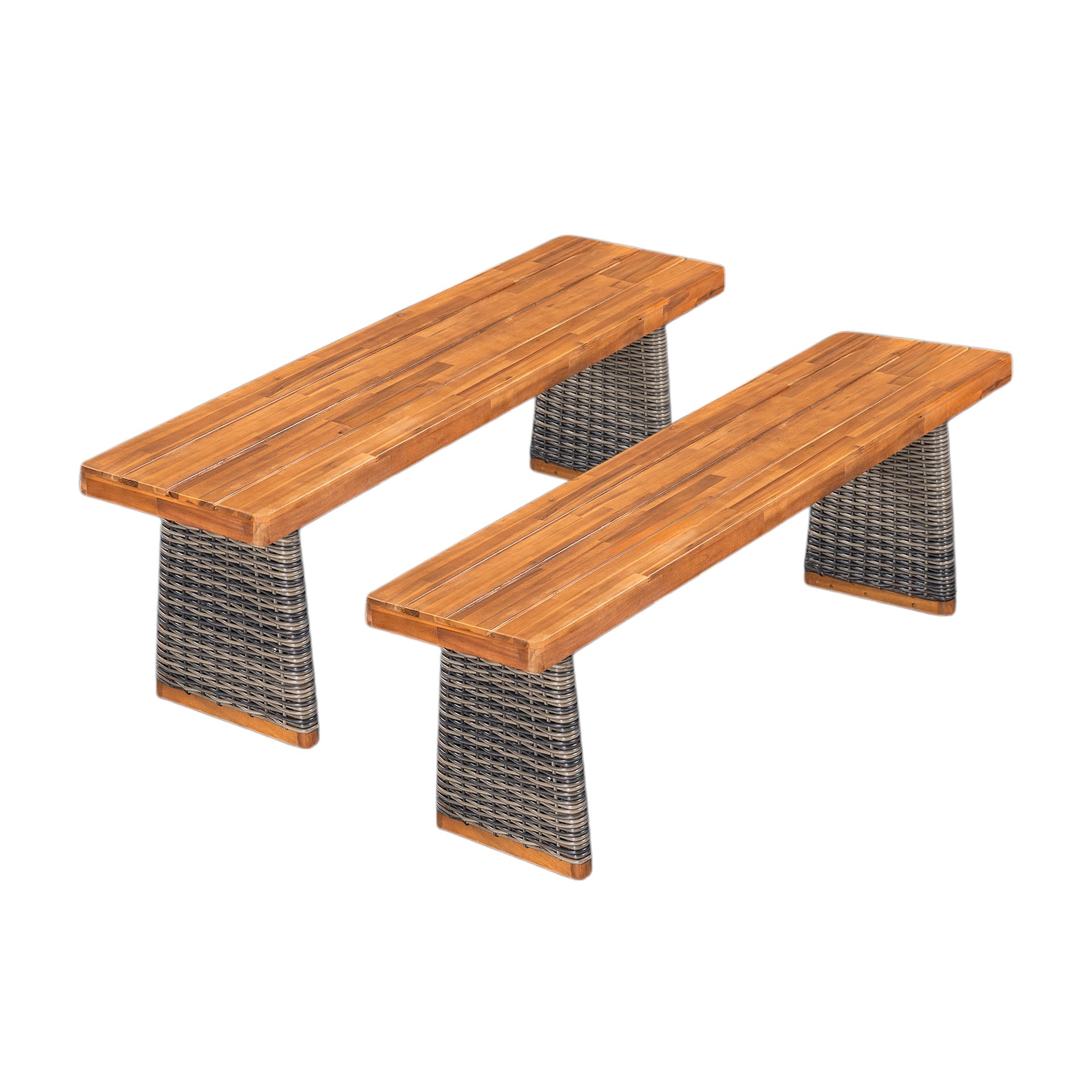 Outdoor Acacia Wood Bench(Set of 2),Teak Finish+ Grey Wicker