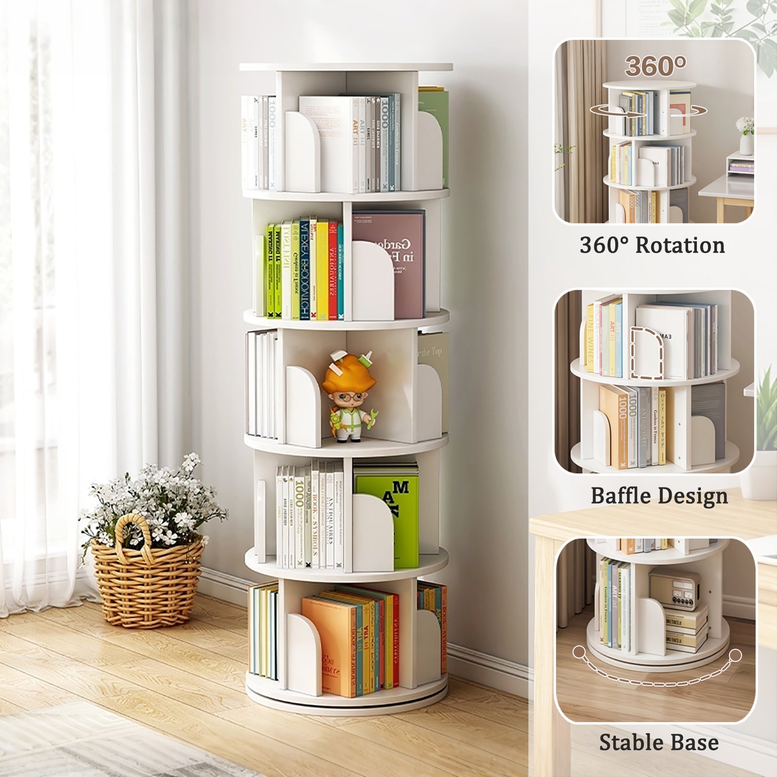 5 Tier Rotating Bookshelf, 360° Display Round Spinning Bookshelf, Space-Saving, Small Space Rotating Bookshelf Tower for Bedroom, Living Room, Home, Office, Warm White