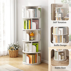 5 Tier Rotating Bookshelf, 360° Display Round Spinning Bookshelf, Space-Saving, Small Space Rotating Bookshelf Tower for Bedroom, Living Room, Home, Office, Warm White