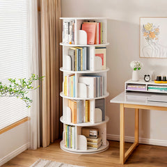 5 Tier Rotating Bookshelf, 360° Display Round Spinning Bookshelf, Space-Saving, Small Space Rotating Bookshelf Tower for Bedroom, Living Room, Home, Office, Warm White