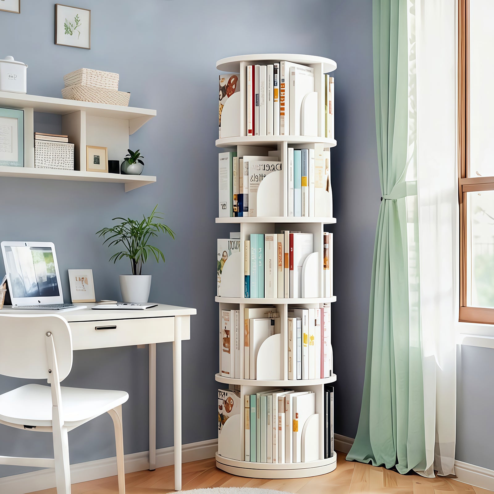 5 Tier Rotating Bookshelf, 360° Display Round Spinning Bookshelf, Space-Saving, Small Space Rotating Bookshelf Tower for Bedroom, Living Room, Home, Office, Warm White