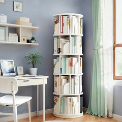 5 Tier Rotating Bookshelf, 360° Display Round Spinning Bookshelf, Space-Saving, Small Space Rotating Bookshelf Tower for Bedroom, Living Room, Home, Office, Warm White