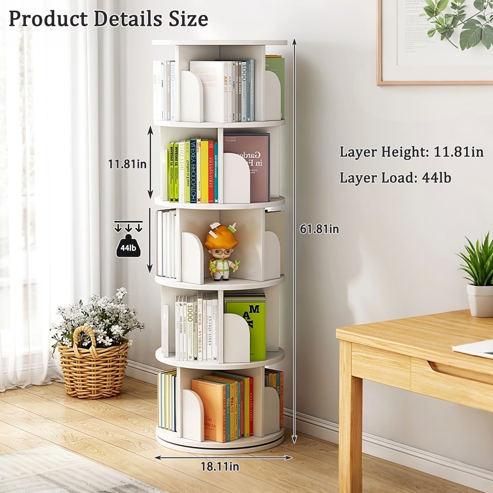 5 Tier Rotating Bookshelf, 360° Display Round Spinning Bookshelf, Space-Saving, Small Space Rotating Bookshelf Tower for Bedroom, Living Room, Home, Office, Warm White
