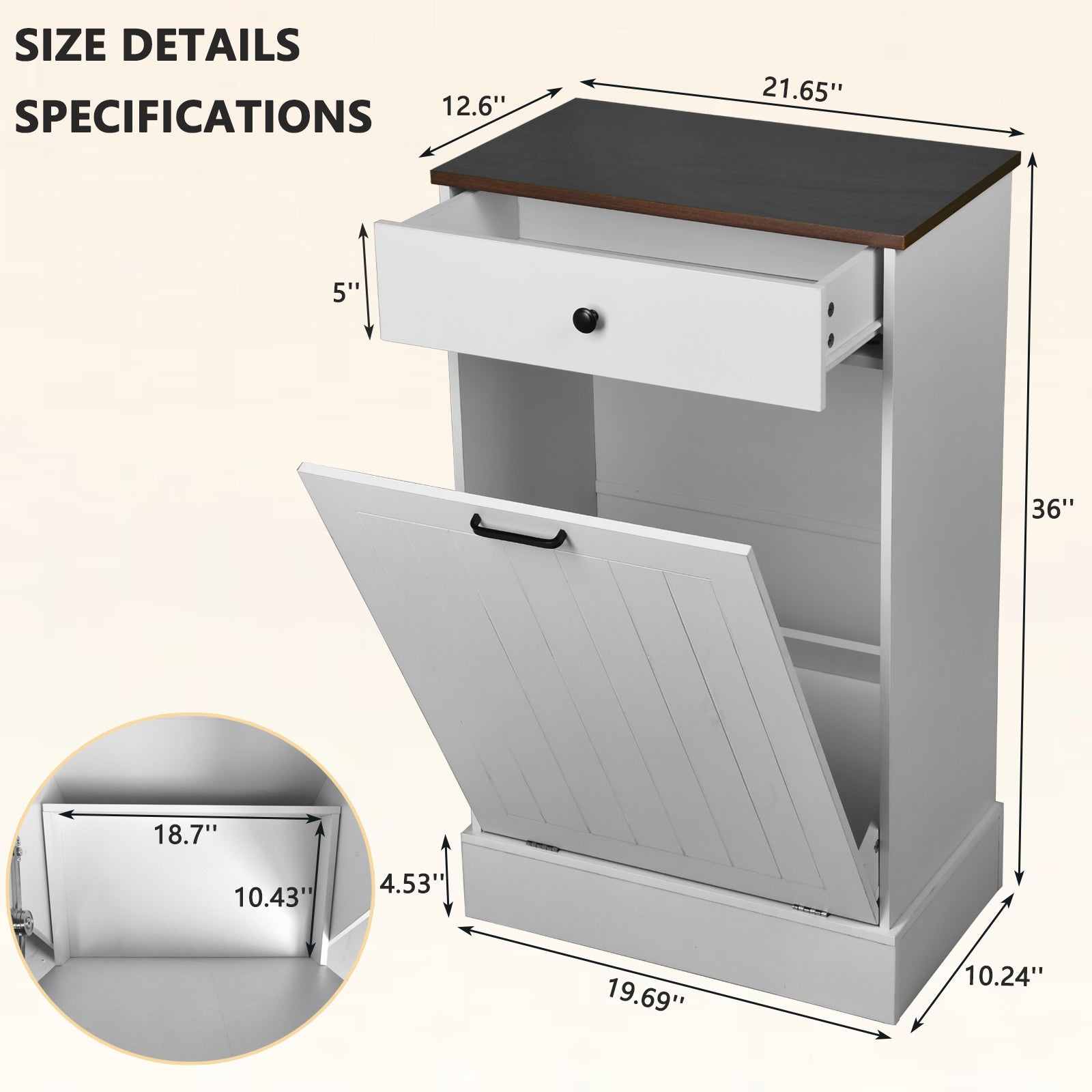 Tilt Out Trash Can Cabinet, Hidden Wooden Trash Can Cabinet with Drawer, Free Standing Garbage Cabinet for Kitchen, 10 Gallon Farmhouse Laundry Hamper Cabinet for Kitchen, Living Room (White)