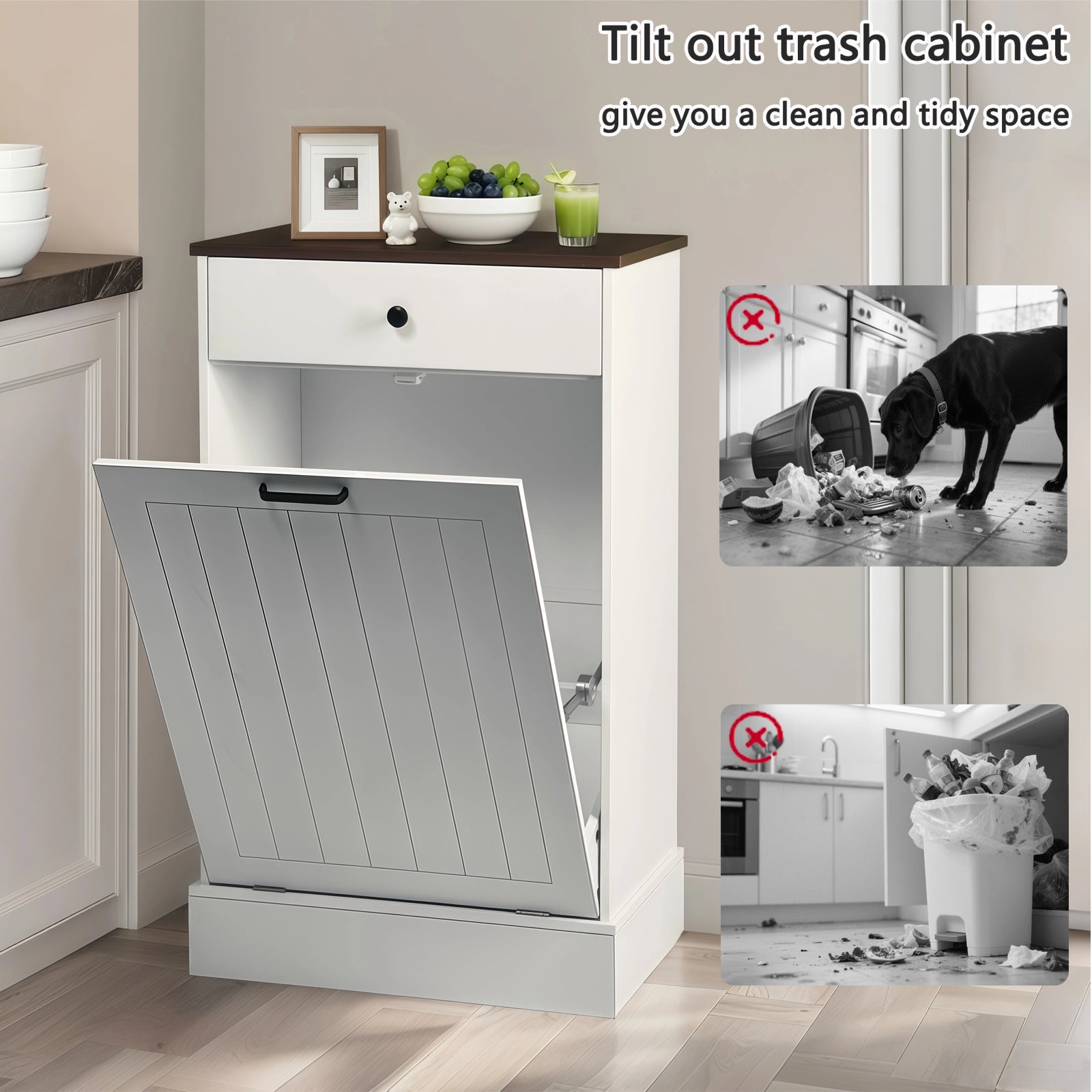 Tilt Out Trash Can Cabinet, Hidden Wooden Trash Can Cabinet with Drawer, Free Standing Garbage Cabinet for Kitchen, 10 Gallon Farmhouse Laundry Hamper Cabinet for Kitchen, Living Room (White)