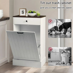 Tilt Out Trash Can Cabinet, Hidden Wooden Trash Can Cabinet with Drawer, Free Standing Garbage Cabinet for Kitchen, 10 Gallon Farmhouse Laundry Hamper Cabinet for Kitchen, Living Room (White)
