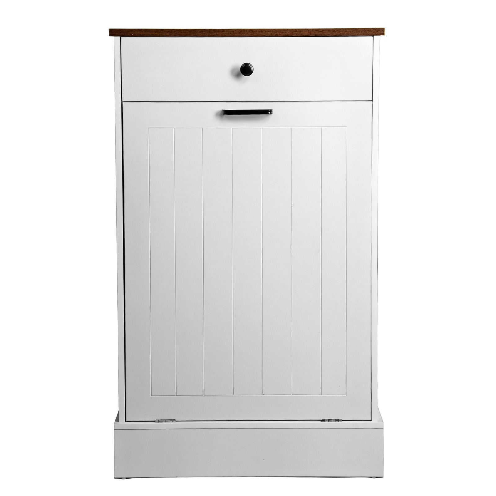 Tilt Out Trash Can Cabinet, Hidden Wooden Trash Can Cabinet with Drawer, Free Standing Garbage Cabinet for Kitchen, 10 Gallon Farmhouse Laundry Hamper Cabinet for Kitchen, Living Room (White)