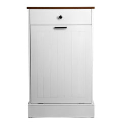 Tilt Out Trash Can Cabinet, Hidden Wooden Trash Can Cabinet with Drawer, Free Standing Garbage Cabinet for Kitchen, 10 Gallon Farmhouse Laundry Hamper Cabinet for Kitchen, Living Room (White)