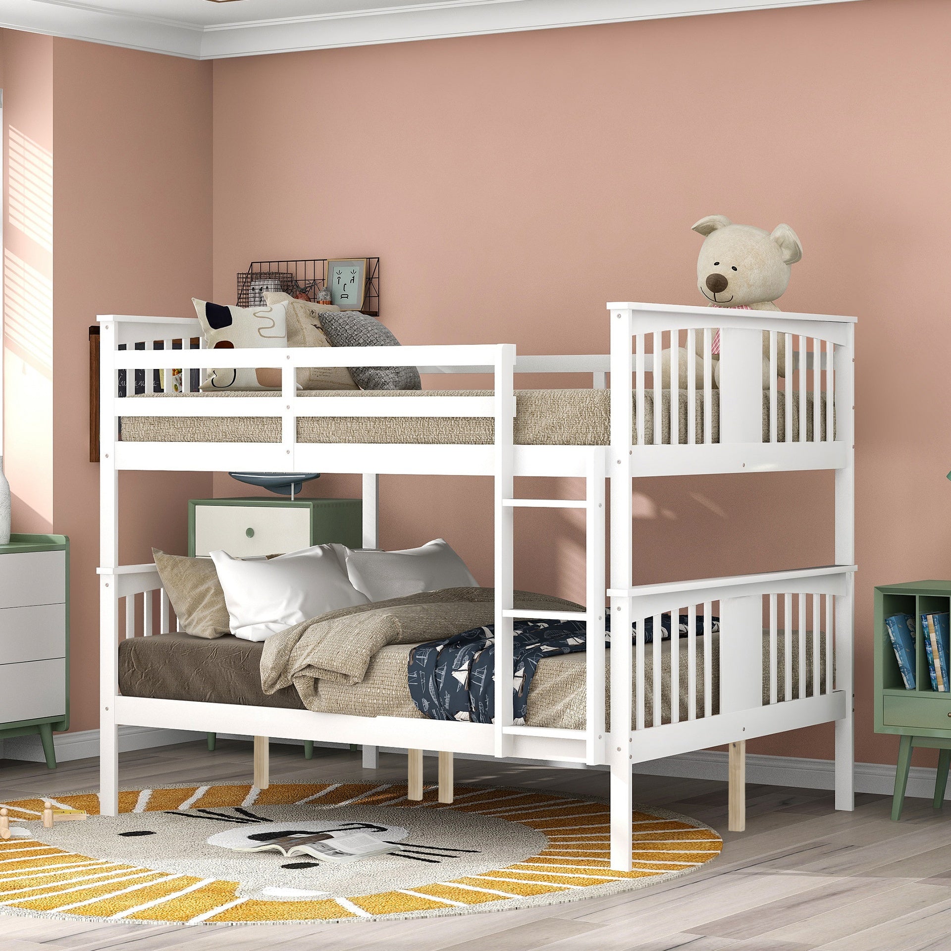 Full over Full Bunk Bed with Ladder for Bedroom, Guest Room Furniture-White