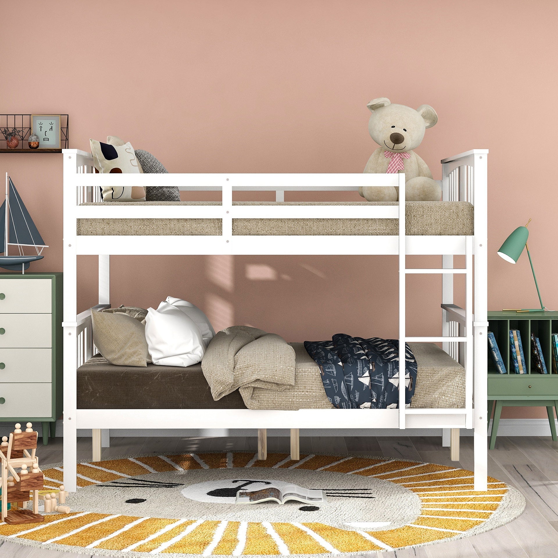 Full over Full Bunk Bed with Ladder for Bedroom, Guest Room Furniture-White