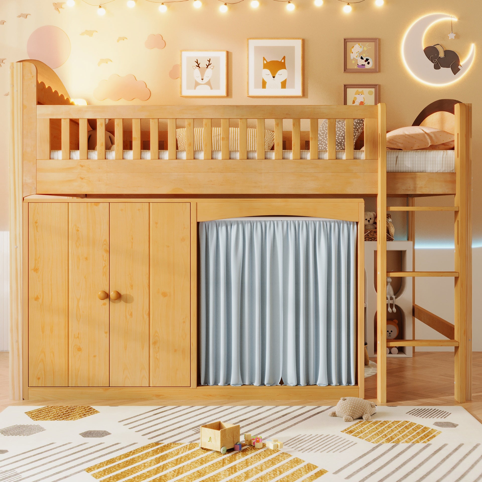 Twin Size Loft Bed with Storage Cabinet, Wardrobe and LED, Wood Color and Espresso