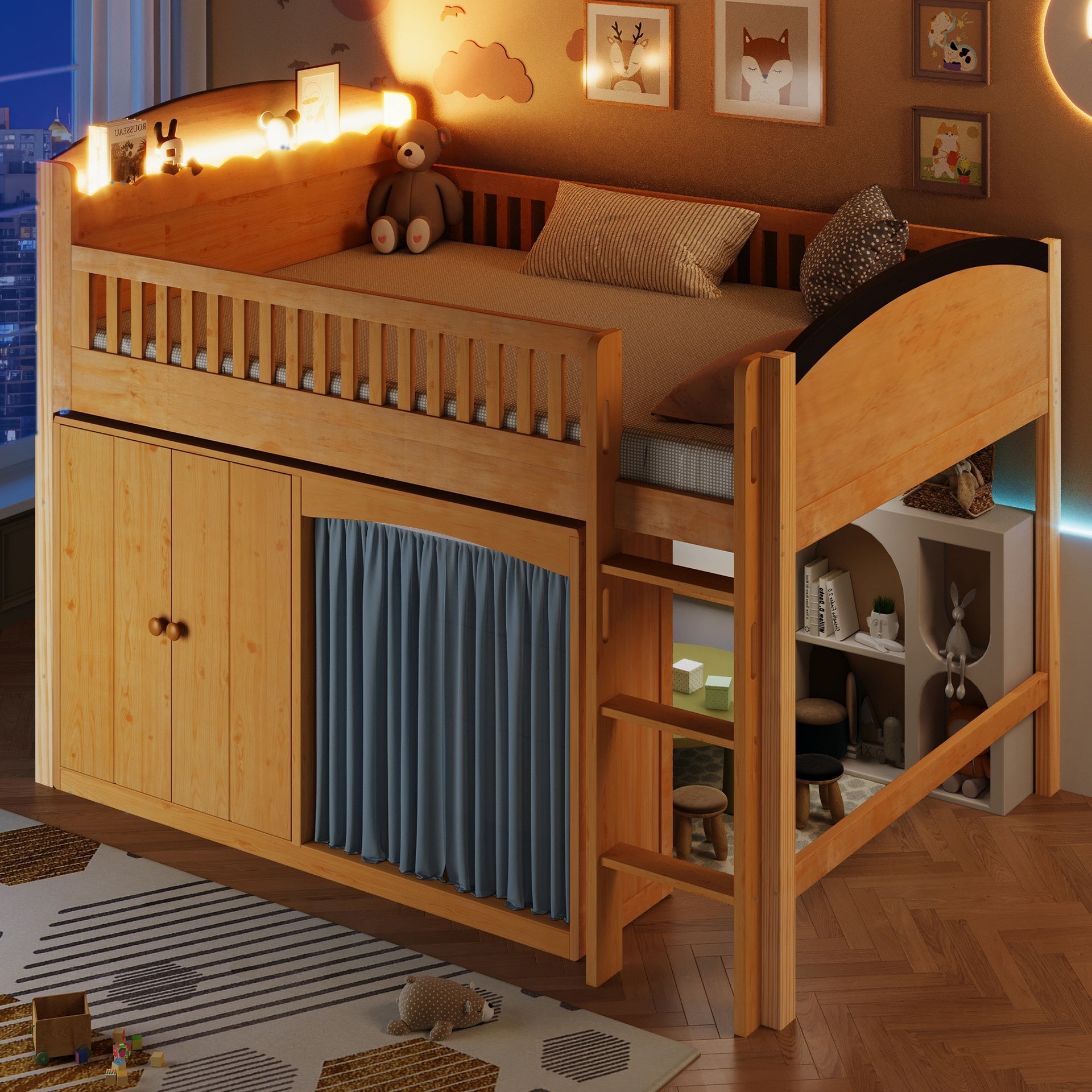 Twin Size Loft Bed with Storage Cabinet, Wardrobe and LED, Wood Color and Espresso